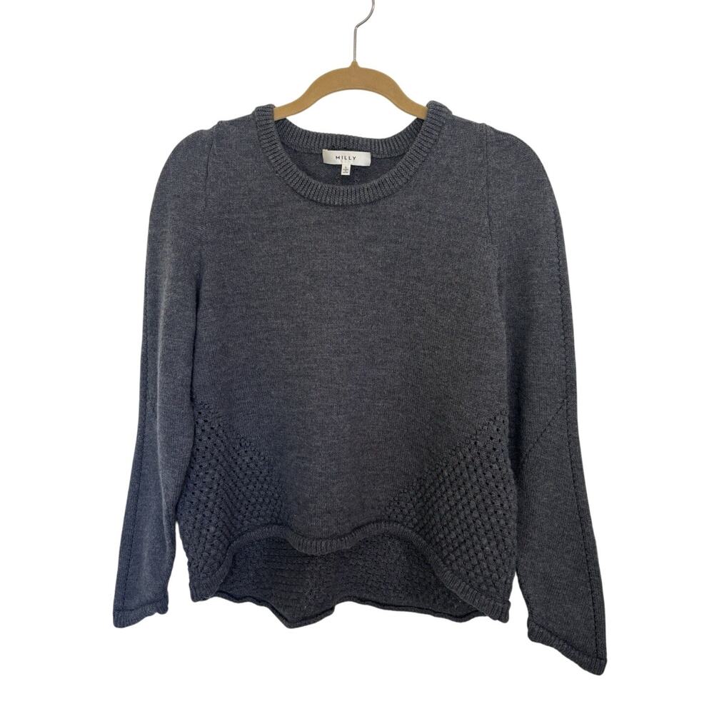 Milly Merino Wool Dark Gray Asymmetrical Crew Neck Sweater L Open Knit